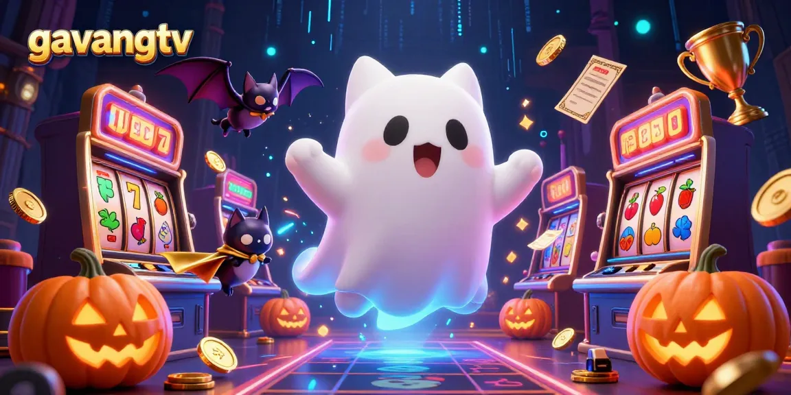 Experience thrilling gaming with gavangtv featuring a ghostly cat in a lively haunted casino scene.