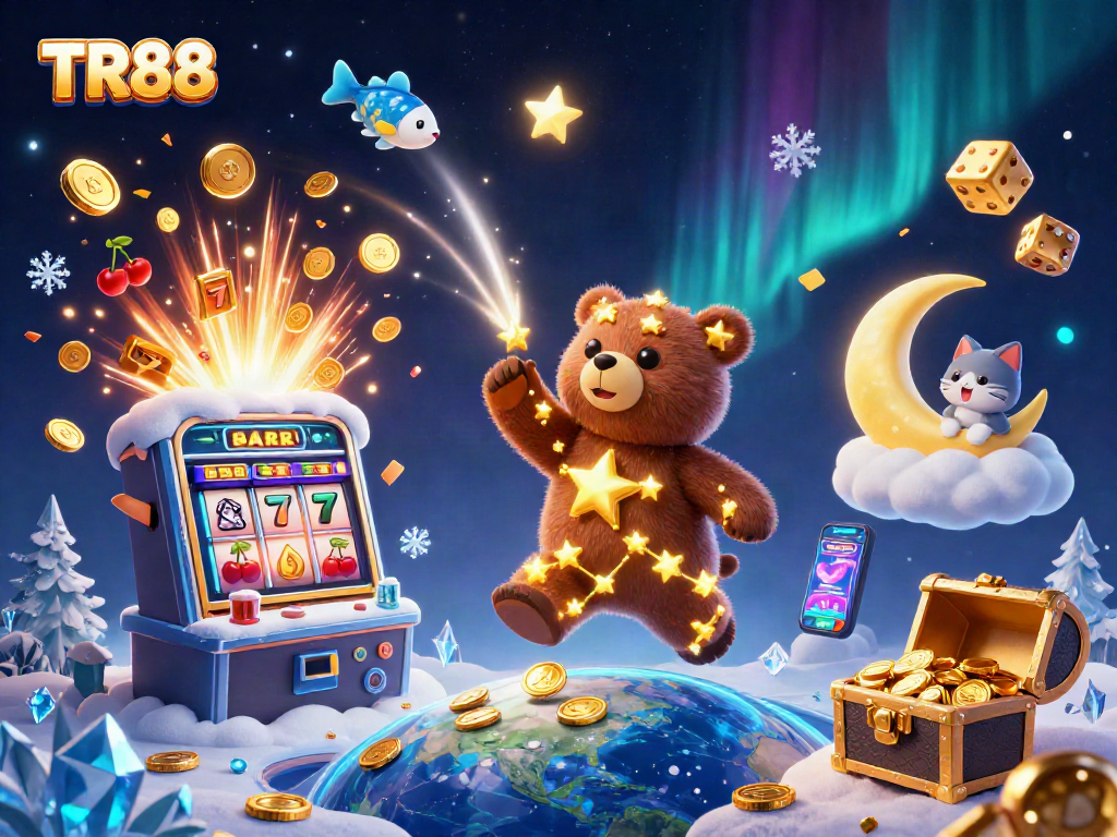 Engage with TR88 in this vibrant 3D casino-themed illustration featuring dazzling games and characters.