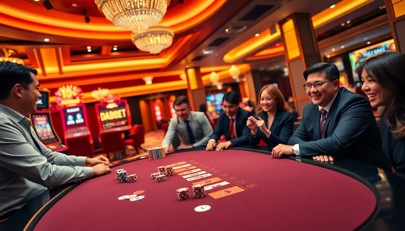 DABET gaming table with vibrant poker chips and cards, creating an exciting casino atmosphere.