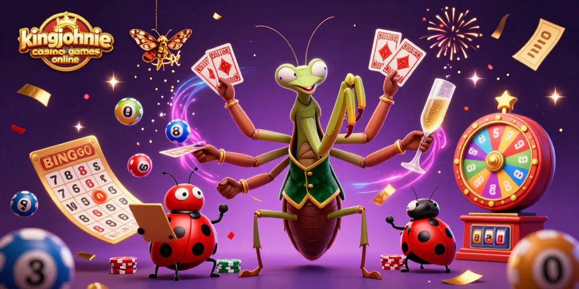 Engage in kingjohnnie casino games online with a lively 3D scene featuring a mantis card sharp and vibrant lottery elements