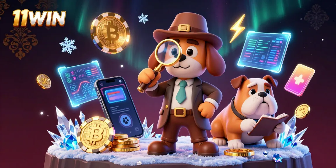 Uncover treasure with 11WIN in this dynamic 3D illustration featuring a detective and crypto elements.