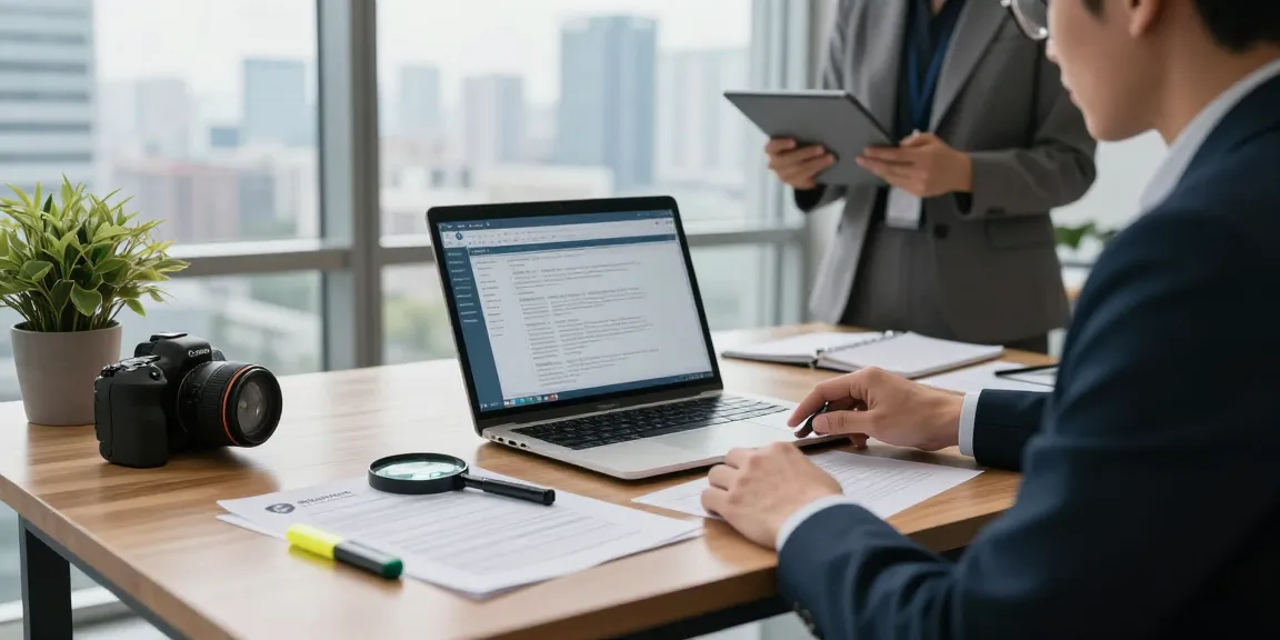 Business professional engaged in document fraud detection analysis with software and reports in modern office.