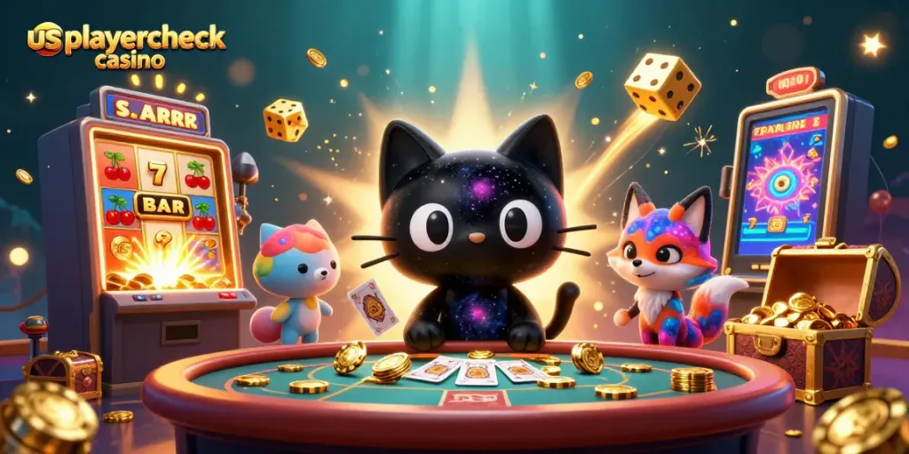 Engaging scene showcasing usplayercheck casino where a black hole cat pulls in chips amid vibrant gaming elements.