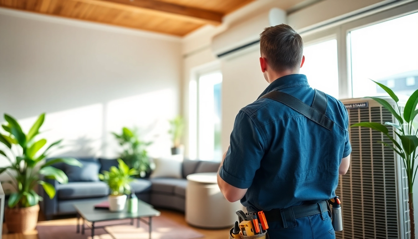 Technician expertly installs American Standard HVAC system in a modern living room.