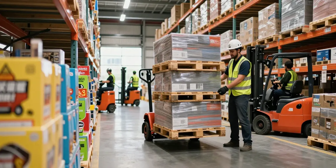 Warehouse operator using a pallet truck to lift goods, showcasing efficient material handling.