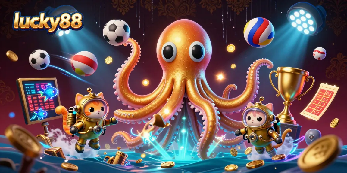 Engage in lucky88 gaming with a dynamic scene featuring a kraken, diving cat, and vibrant sports elements.