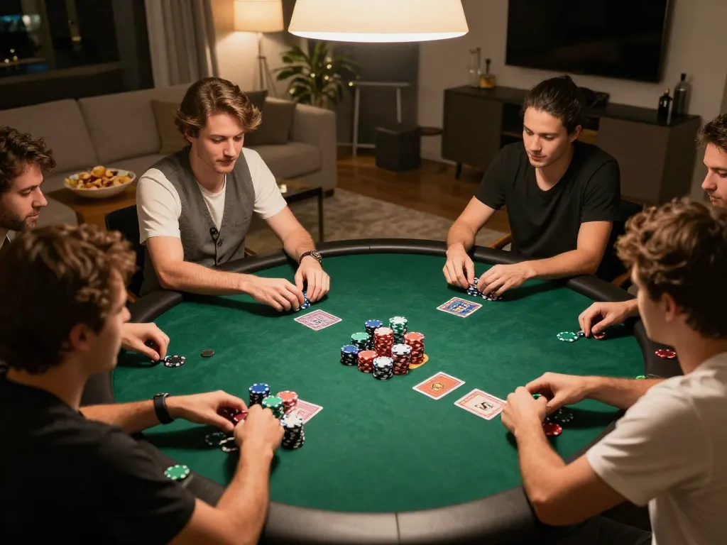 Engaging poker night scene showcasing friends playing at a table with chips and cards, https://fc88.today.