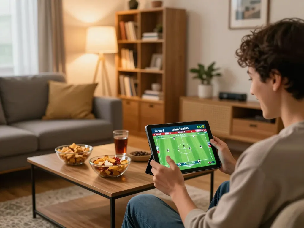 Socolive xem bóng đá with a person using a tablet for online football betting, enjoying a cozy atmosphere.