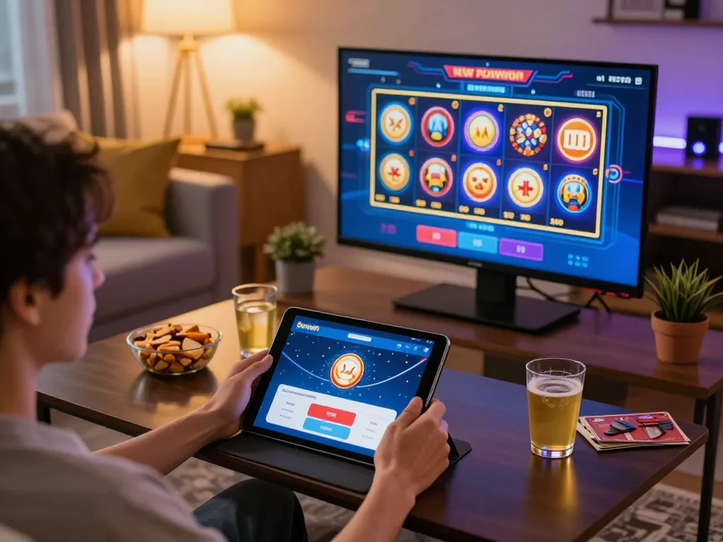 Sunwintop gaming experience on a tablet showcasing vibrant slot games in a cozy setting.