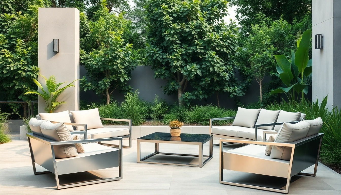 Showcase of stainless steel furniture set in a beautiful outdoor environment, highlighting its elegance.
