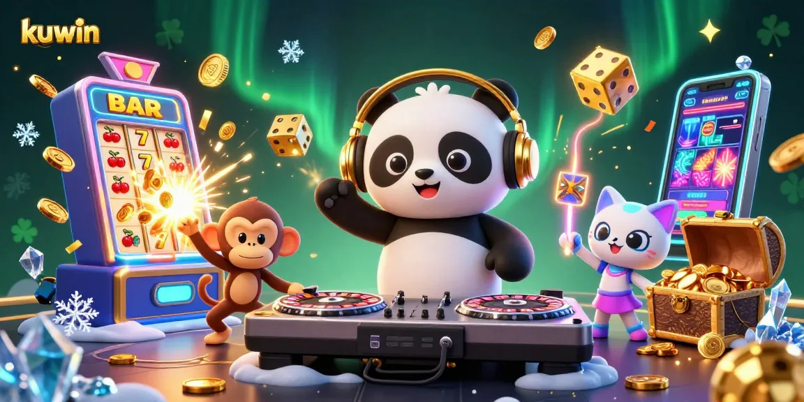 Experience the excitement of kuwin with vibrant characters and dynamic casino elements in a lively 3D scene.