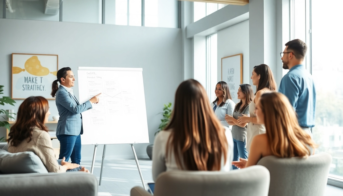 Engaging scene of business coaching near me fostering collaboration in a modern office.