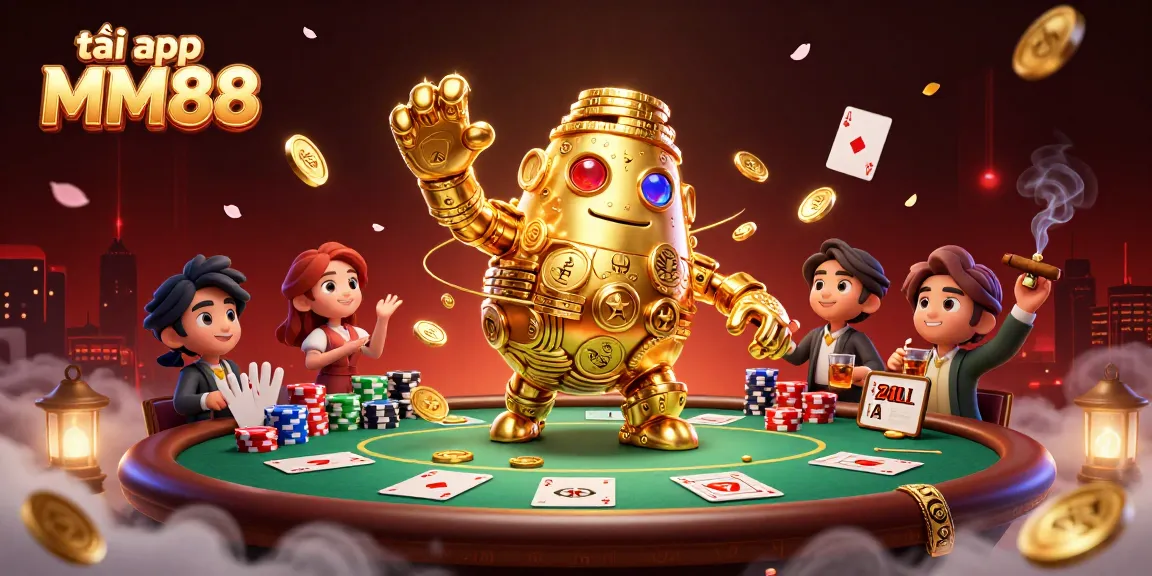 Engage in the excitement of tải app MM88 with a vibrant casino illustration featuring a golden golem and poker elements.