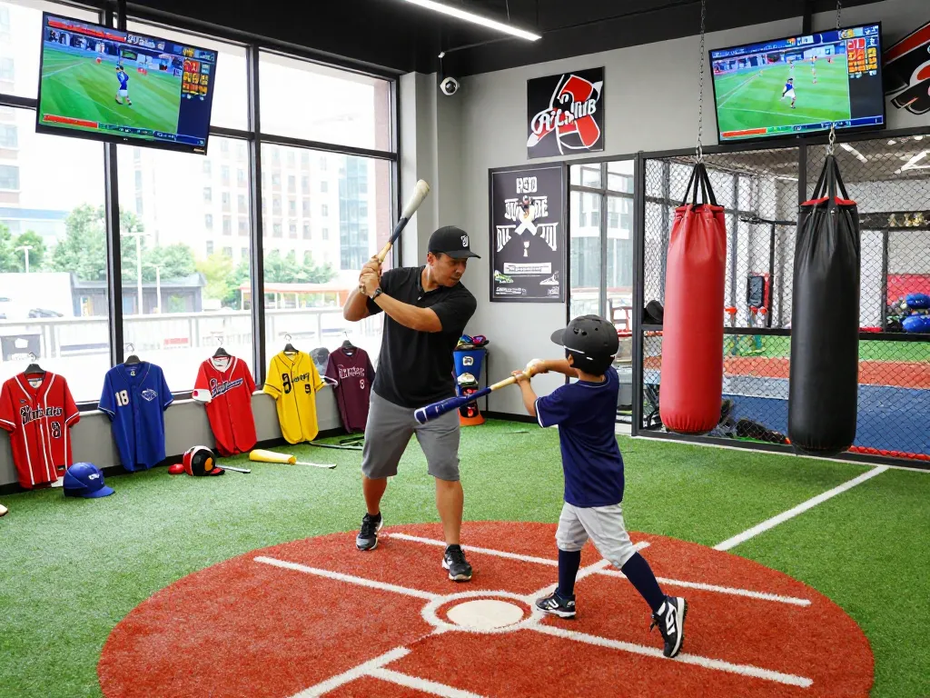 Hitclub baseball training session with coach mentoring young athlete indoors.