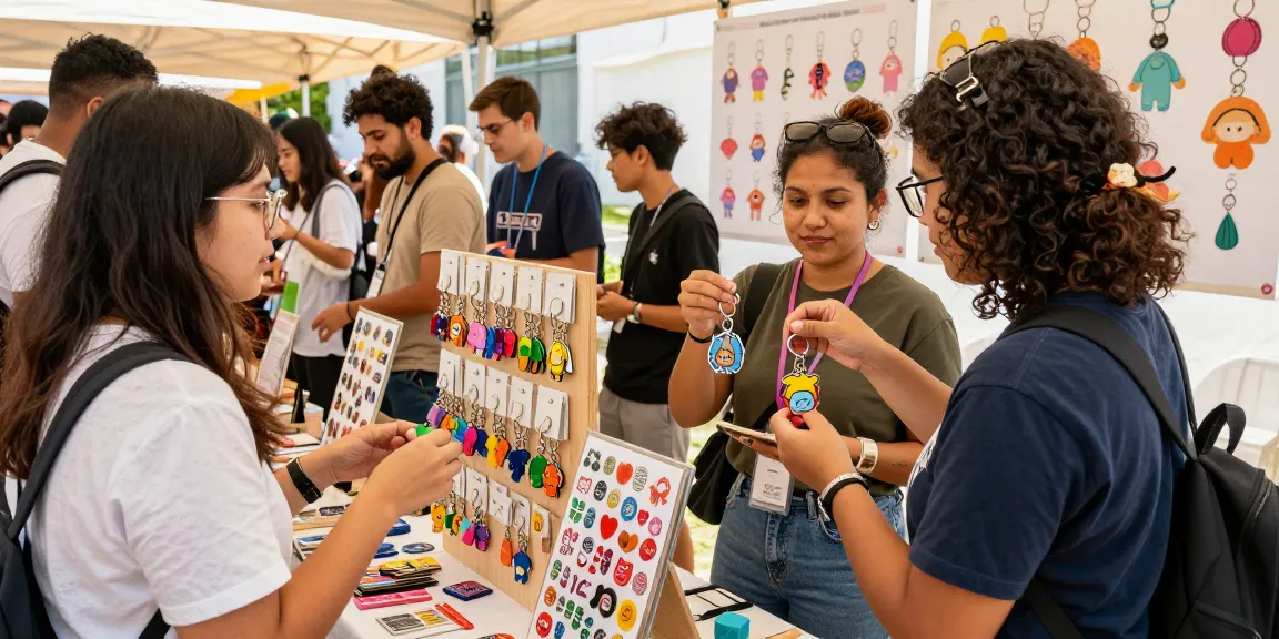 Engaging marketplace featuring custom keychains, diverse designs, and happy customers exploring colorful options.