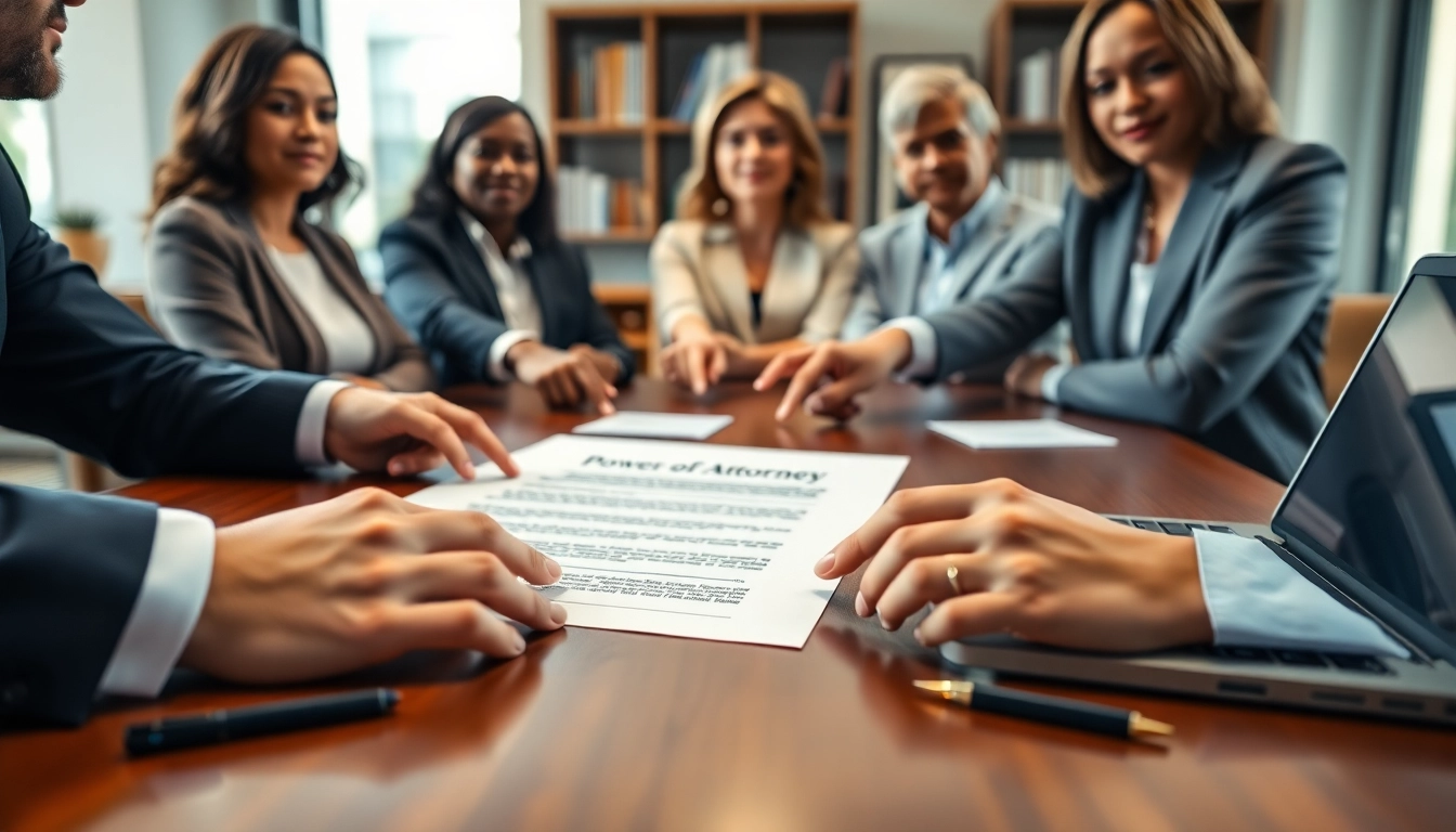 Reviewing the Power of Attorney document among a diverse group in a professional setting.
