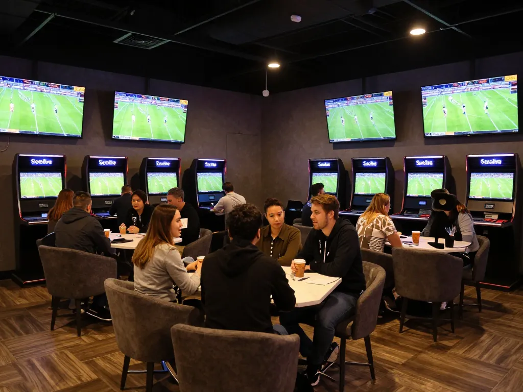 Socolive sports betting lounge, fans engaged with live matches on screens.