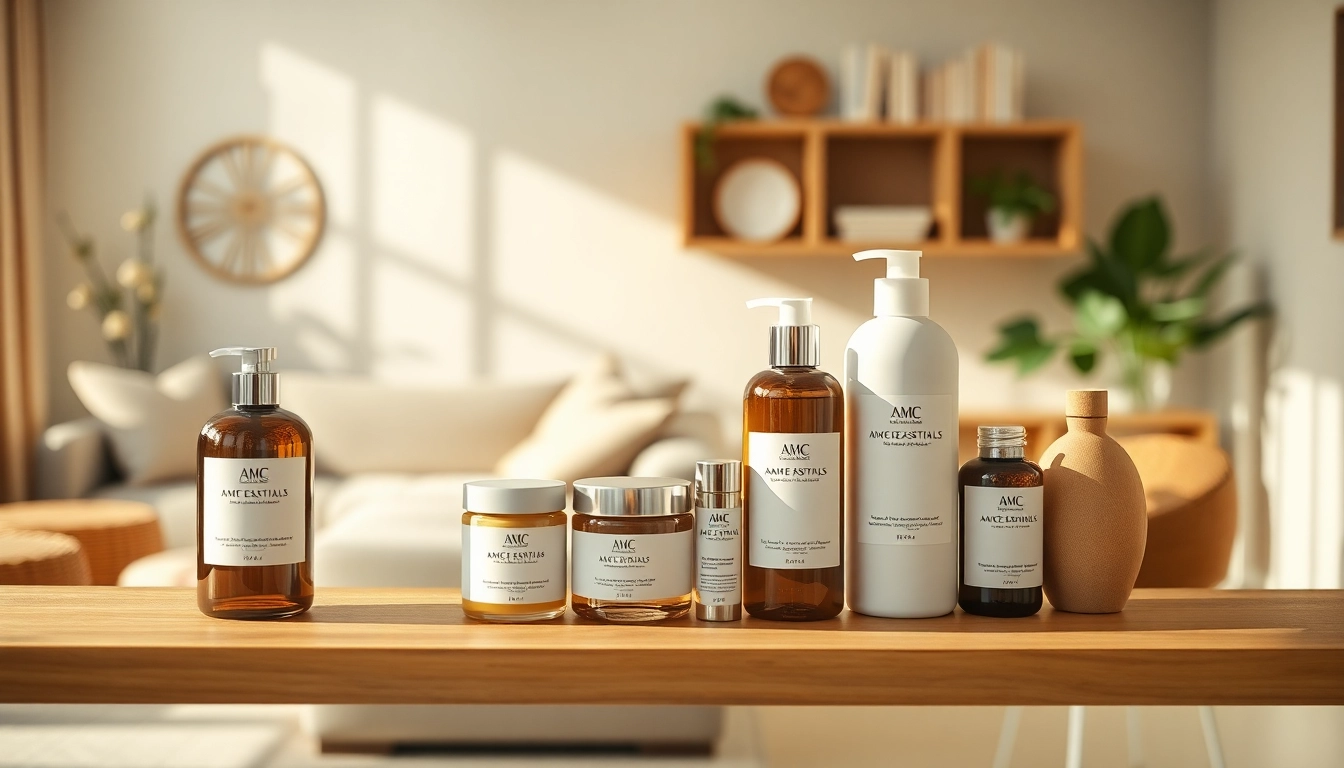 Showcase AMC Essentials products on a minimalist shelf, showcasing quality and sophistication.
