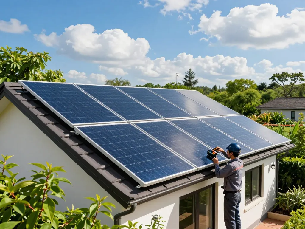 Installers working with moduli fotovoltaici LONGi on a home roof, showcasing modern solar technology and renewable energy solutions.