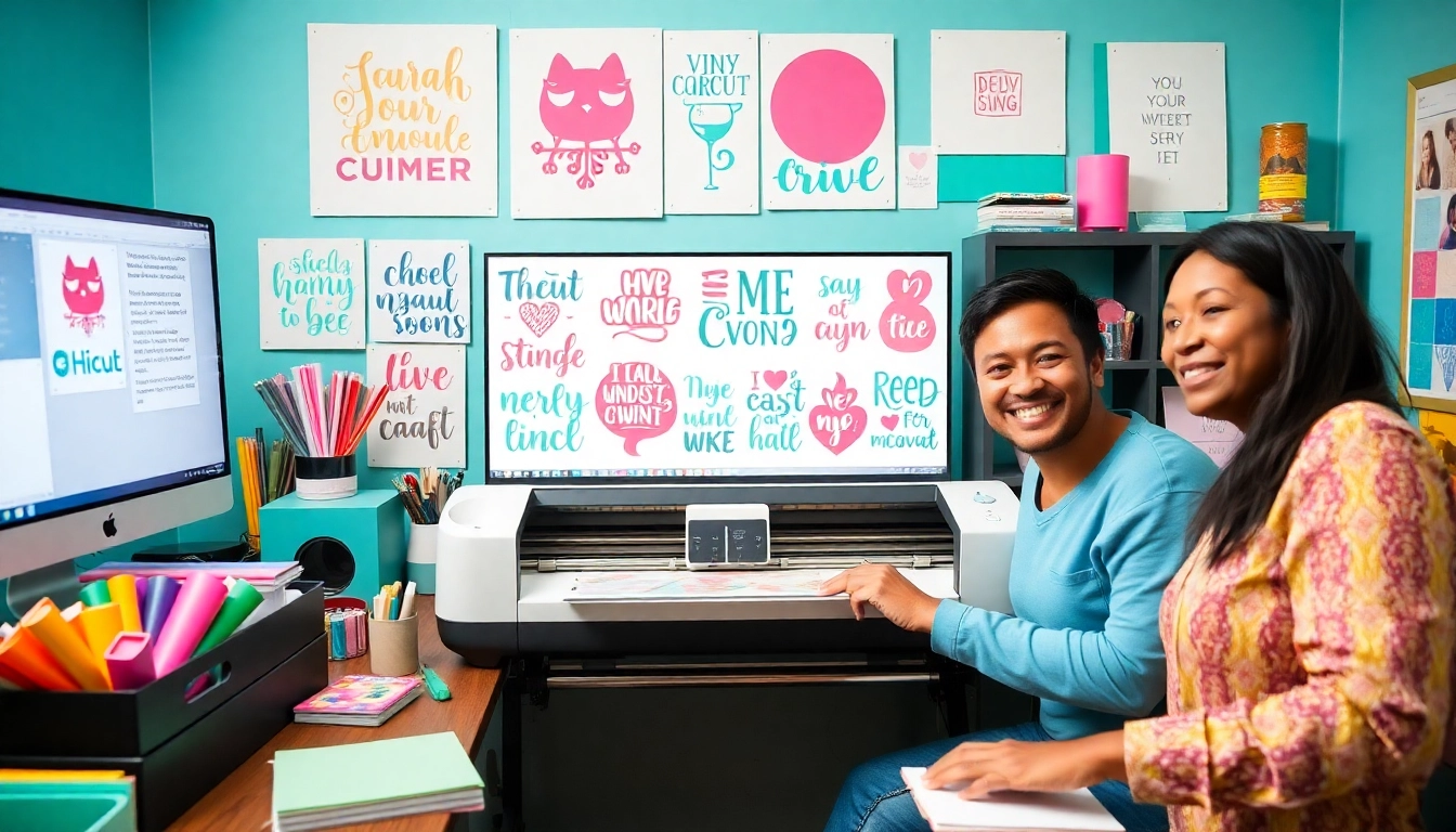 Cricut SVG designs on a cutting machine with colorful crafting materials and tools.