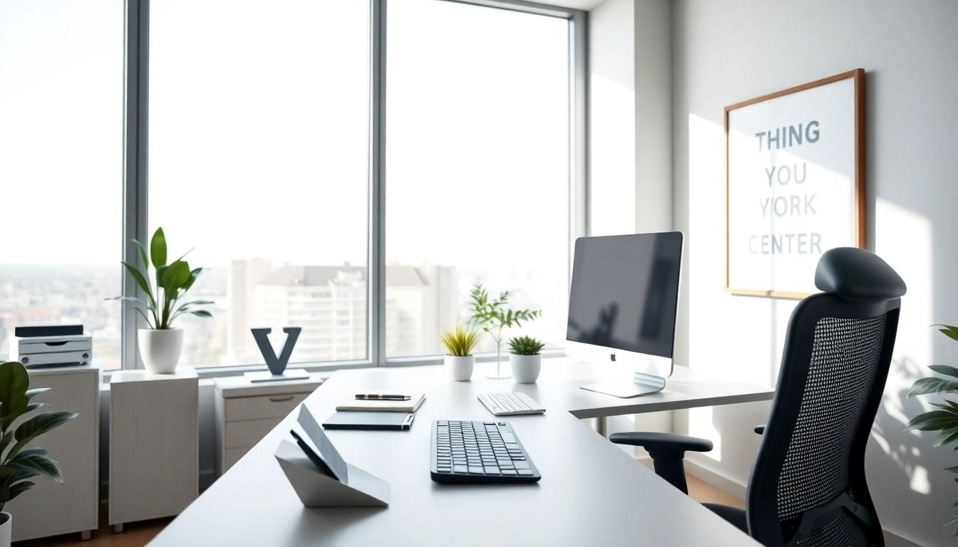 Typing Center workspace featuring a modern desk setup with organized stationery and motivational decor.