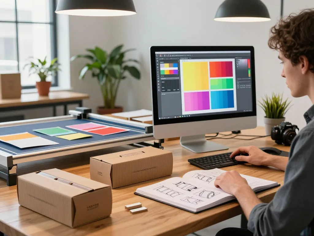 Corrugated carton design process at a modern packaging studio.