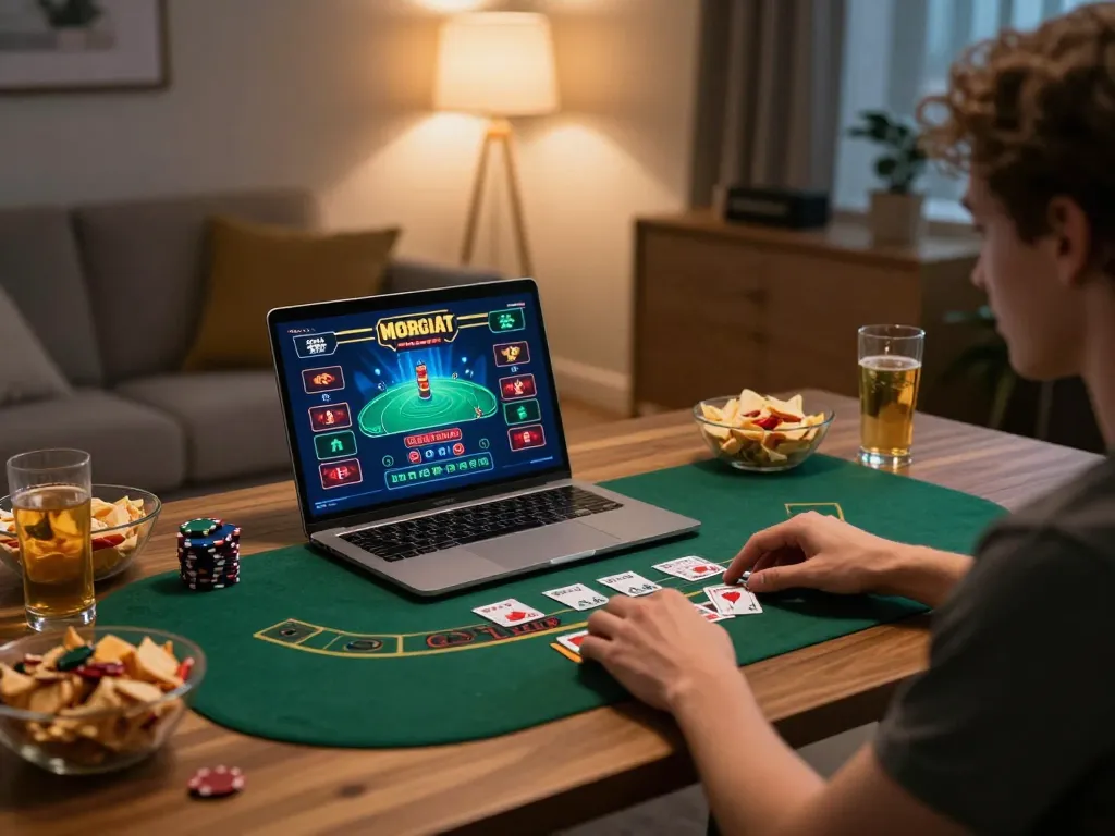 Engaging in JUN88 live dealer blackjack on a cozy home setup with vibrant game graphics.