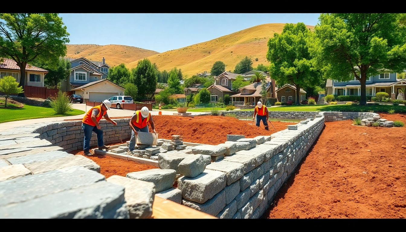 Retaining wall contractor Bay Area constructing a stone wall amidst scenic greenery.