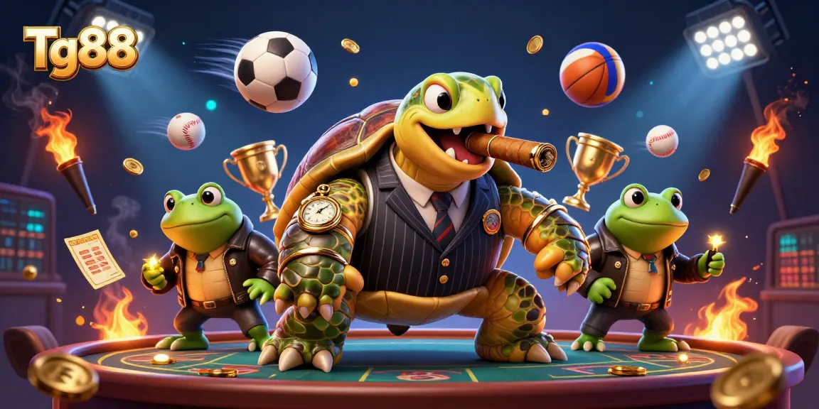 Tg88 engages players with a dynamic casino scene featuring a mobster turtle and enforcer frogs.