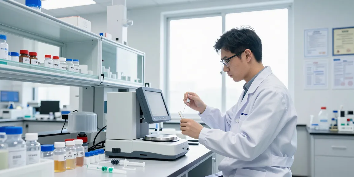 Research peptides under examination in a modern lab with a focused scientist and organized workstation.