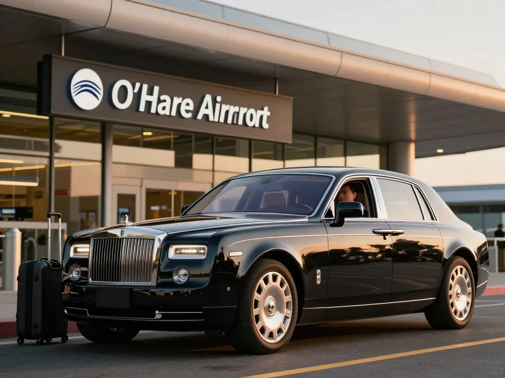 Luxury airport transportation O'Hare with a chauffeur-driven sedan awaits at the terminal.
