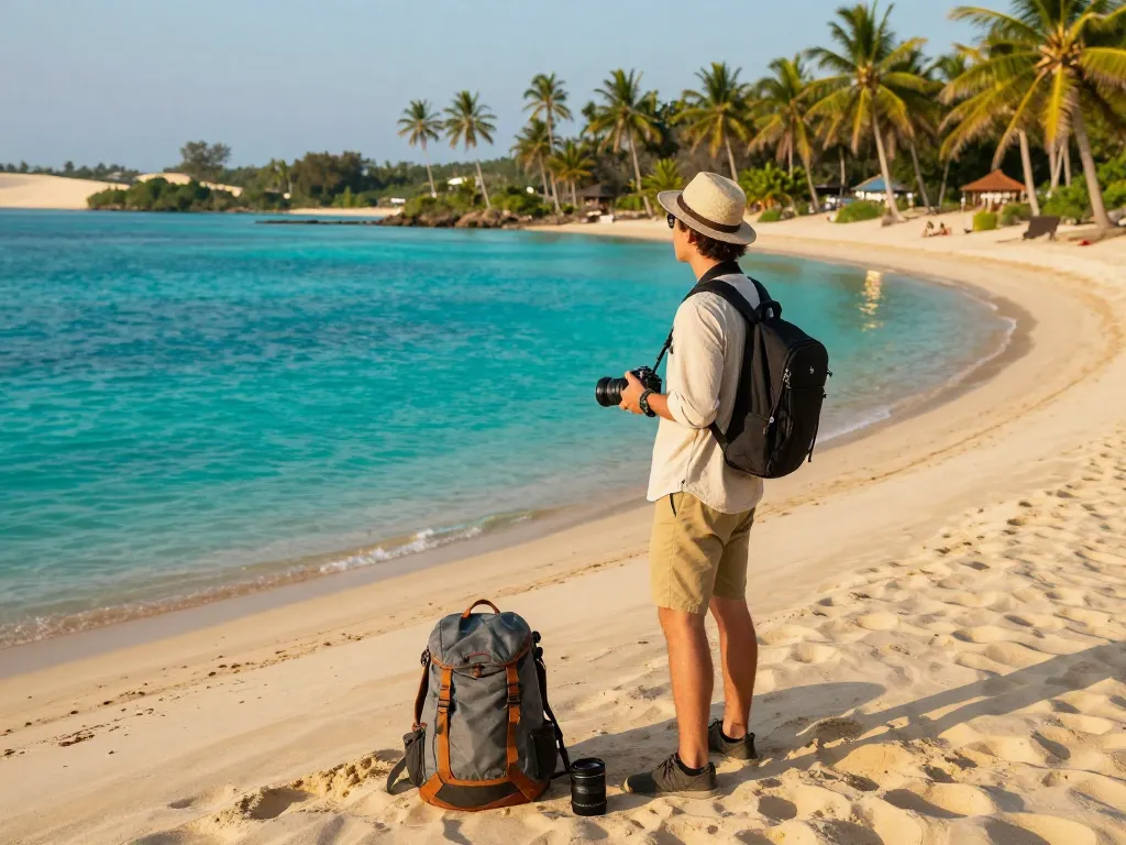 Adventurer experiencing the beauty of Blue Lake Bintan against stunning sandy dunes.
