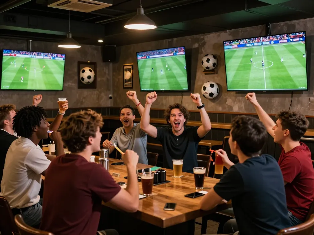 Socolive xem bóng đá in a lively sports bar environment, friends cheering during a live match.
