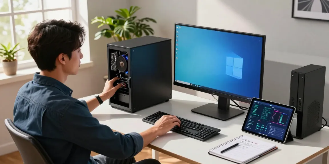 Refurbished pc setup in a modern workspace highlighting productivity and technology elements.