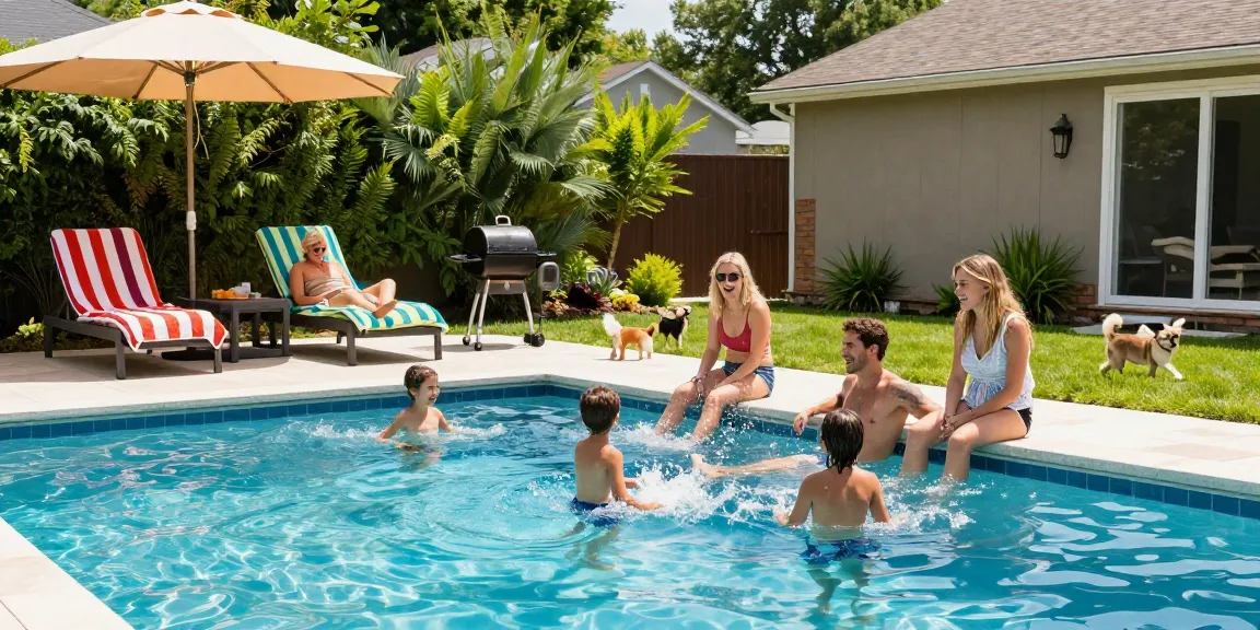 Dolphin Pool Services enhancing backyard enjoyment with a family gathered by the sparkling pool, summer fun, and vibrant landscaping.