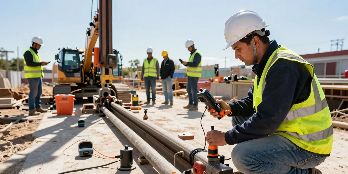 Operator tracking hdd transmitter signal at construction site, showcasing directional drilling.