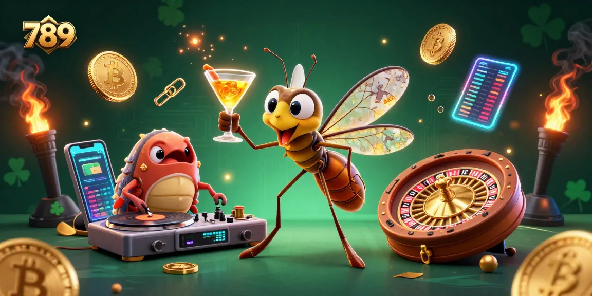Engage with 789's thrilling casino experience featuring a vibrant scene of a frozen mosquito mascot, iconic elements, and digital coins.