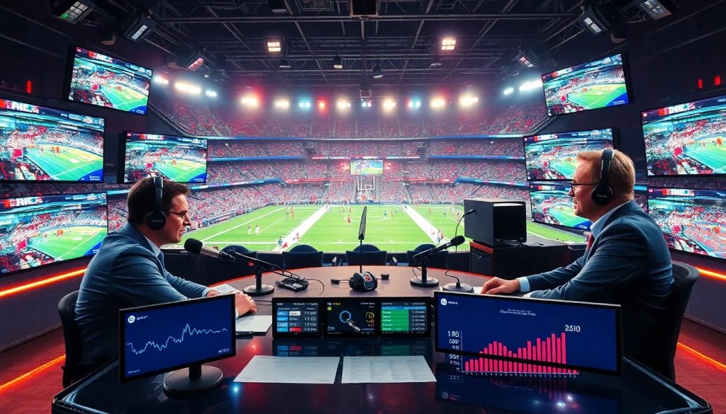 Sports Broadcasting studio with analysts discussing live events on multiple screens.
