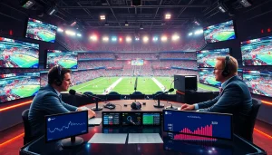 Sports Broadcasting studio with analysts discussing live events on multiple screens.