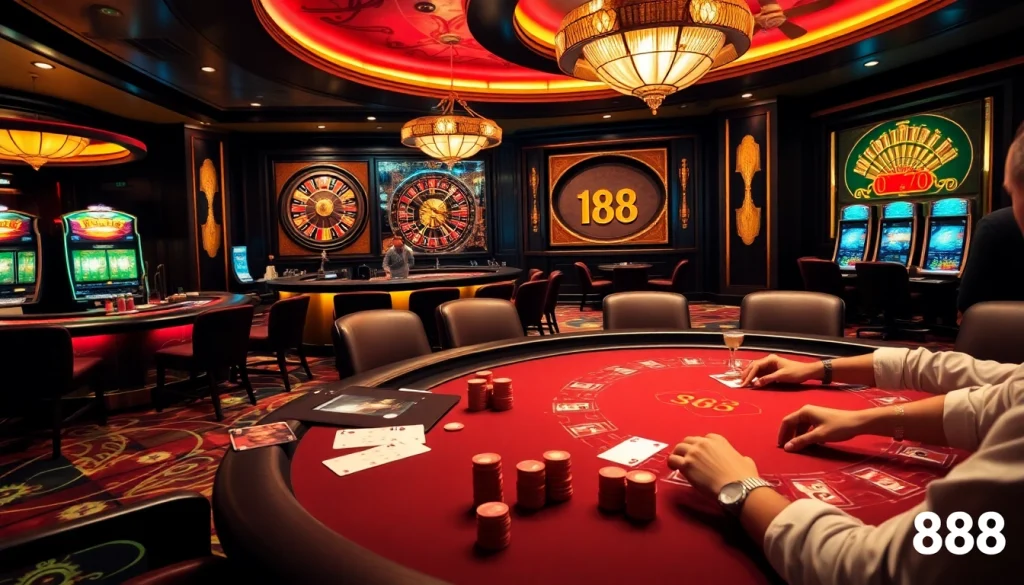 Players at a tg 88 poker table enjoying high-stakes gaming in a luxurious casino atmosphere.