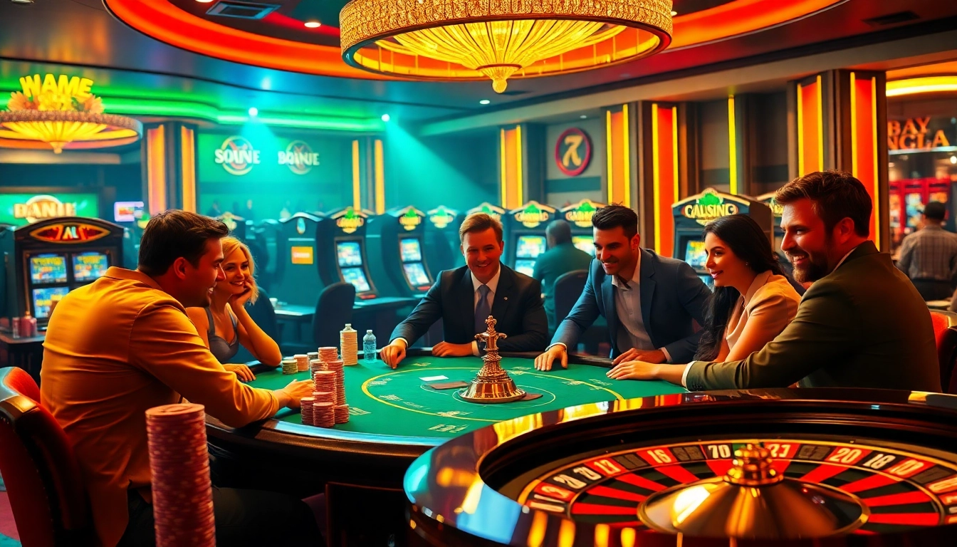 Players enjoying a thrilling poker game at DEBET's vibrant casino, showcasing excitement and professional gambling action.