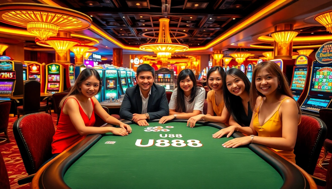 U888 brand poker table filled with enthusiastic players strategizing their next moves in a luxurious casino setting.