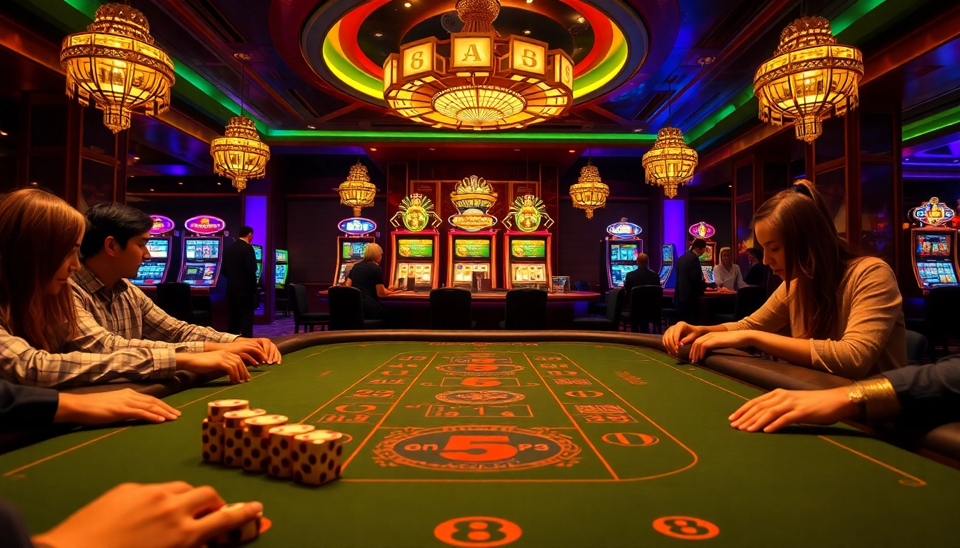 B52 gaming table action with engaged players in a luxurious casino setting.
