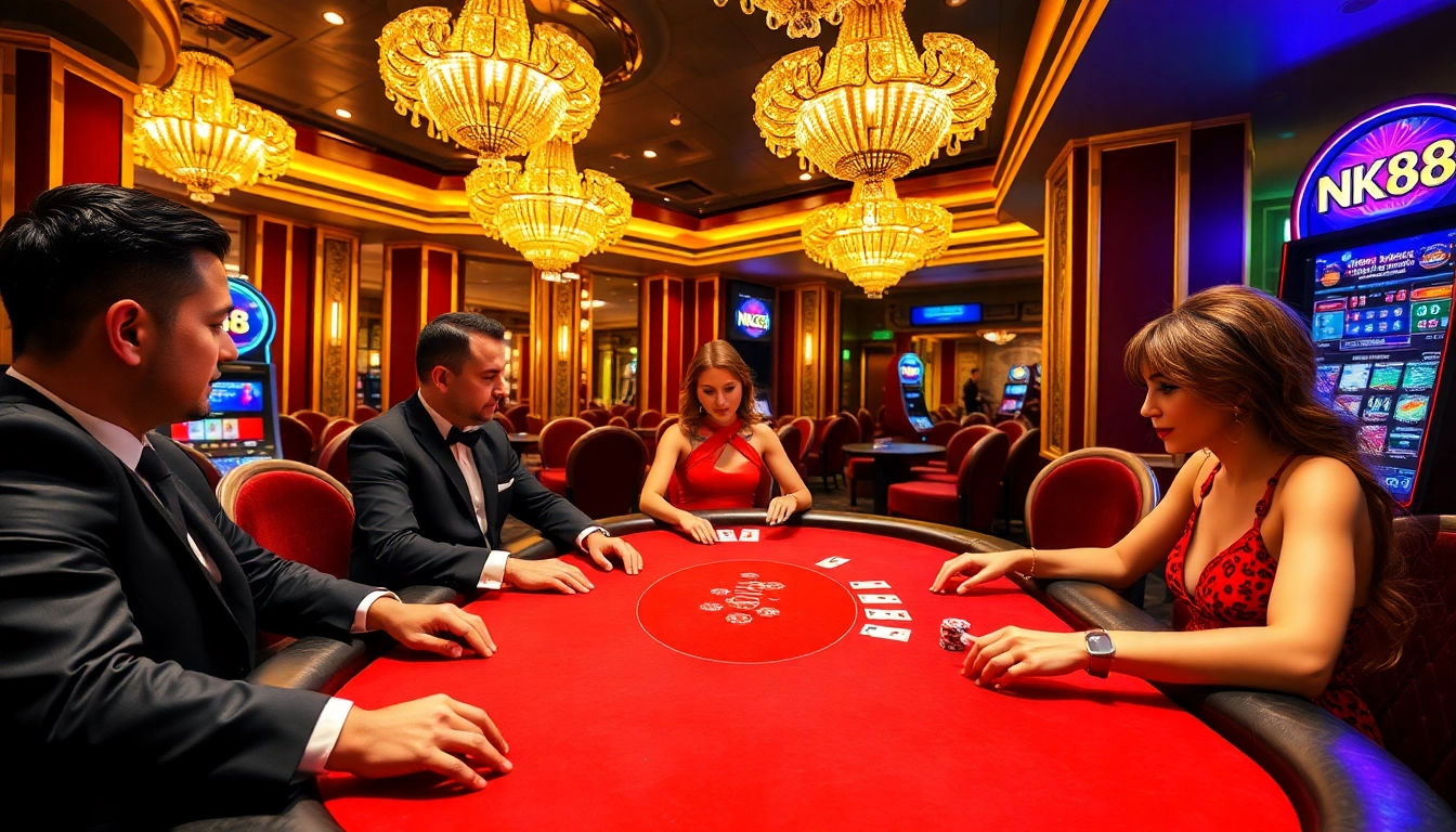 NK88 players enjoying a thrilling poker game in a luxurious casino setting.