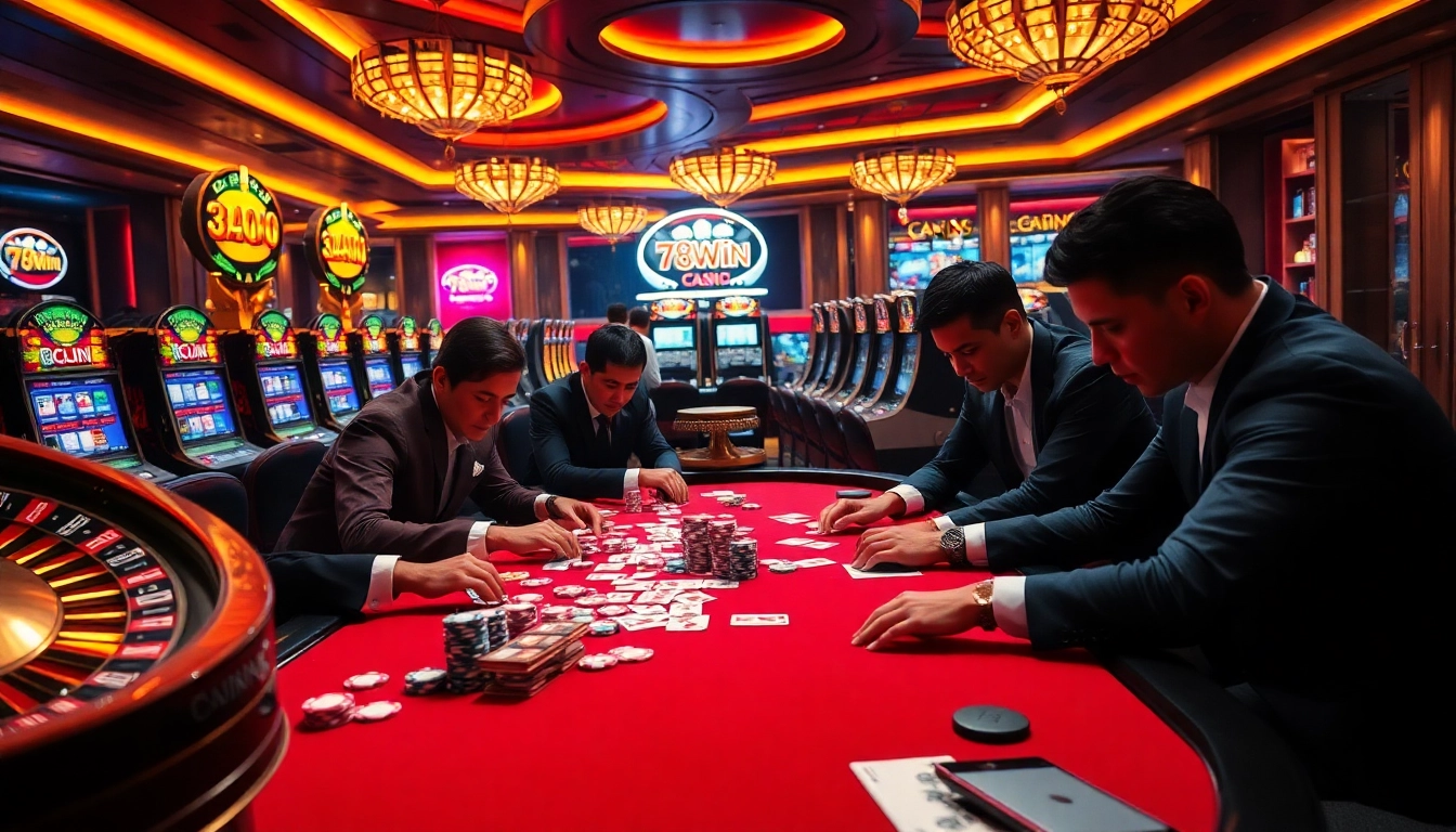 78Win poker players strategizing a high-stakes game at an opulent casino table.
