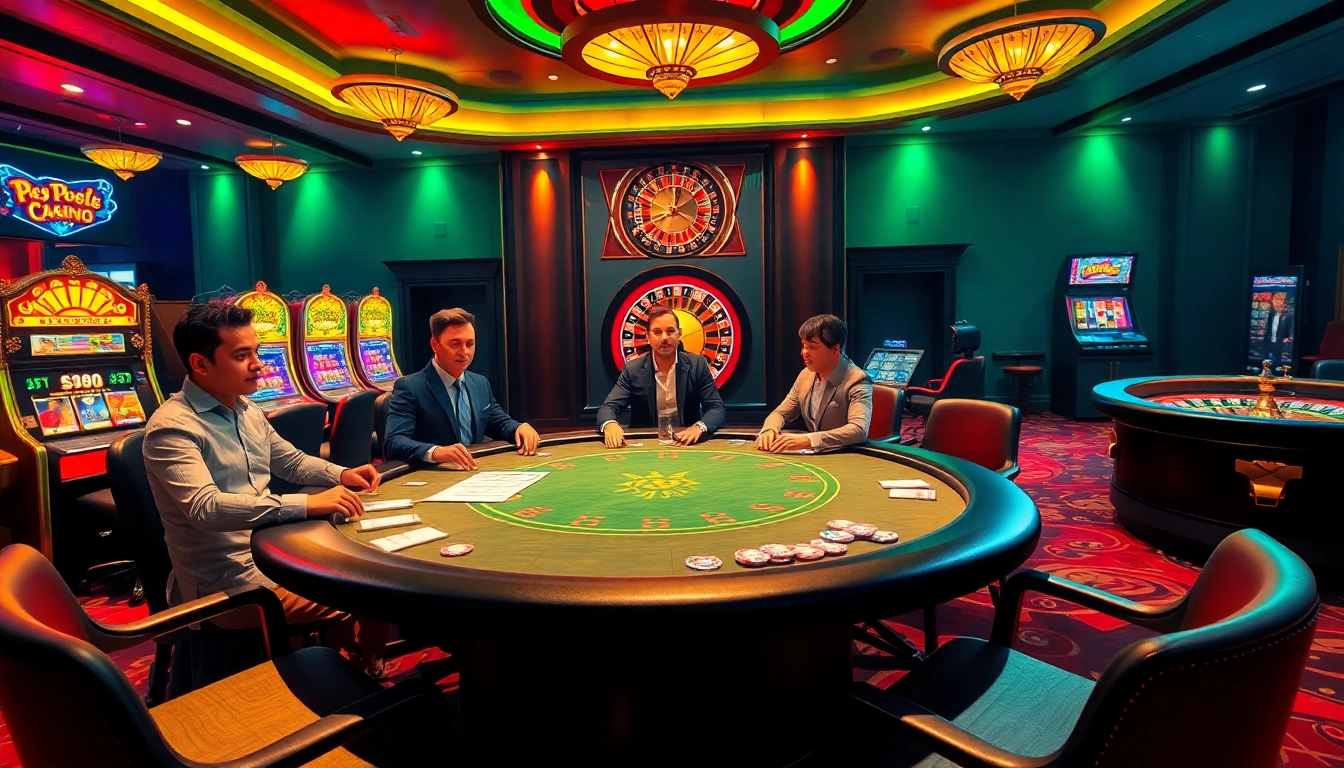 Engaging gambling scene with tg88 poker table, slot machines, and roulette wheel.