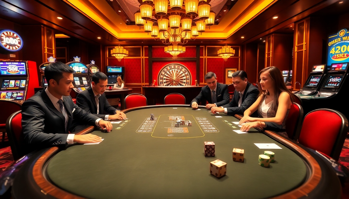 Engage with high-stakes gaming action at https://alo789club.net/ featuring a luxurious poker table and roulette wheel.