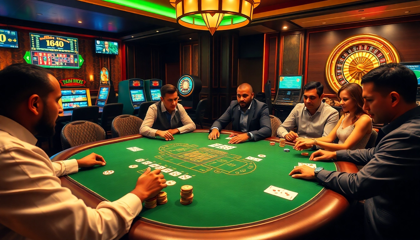 Exciting poker game at mi bet casino showcasing players and vibrant casino elements.