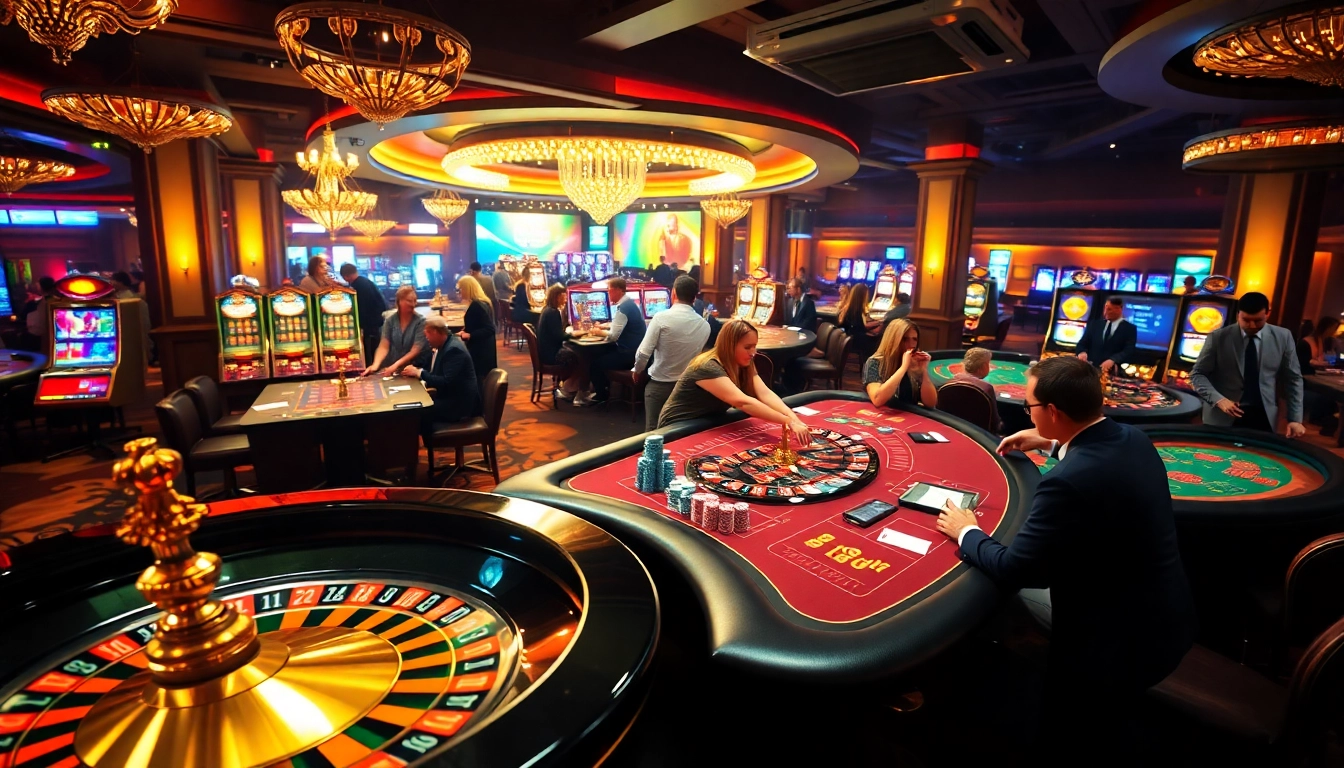 Gambling enthusiasts enjoying a thrilling game with https://kjc.uk.com/ poker tables and roulette wheels.