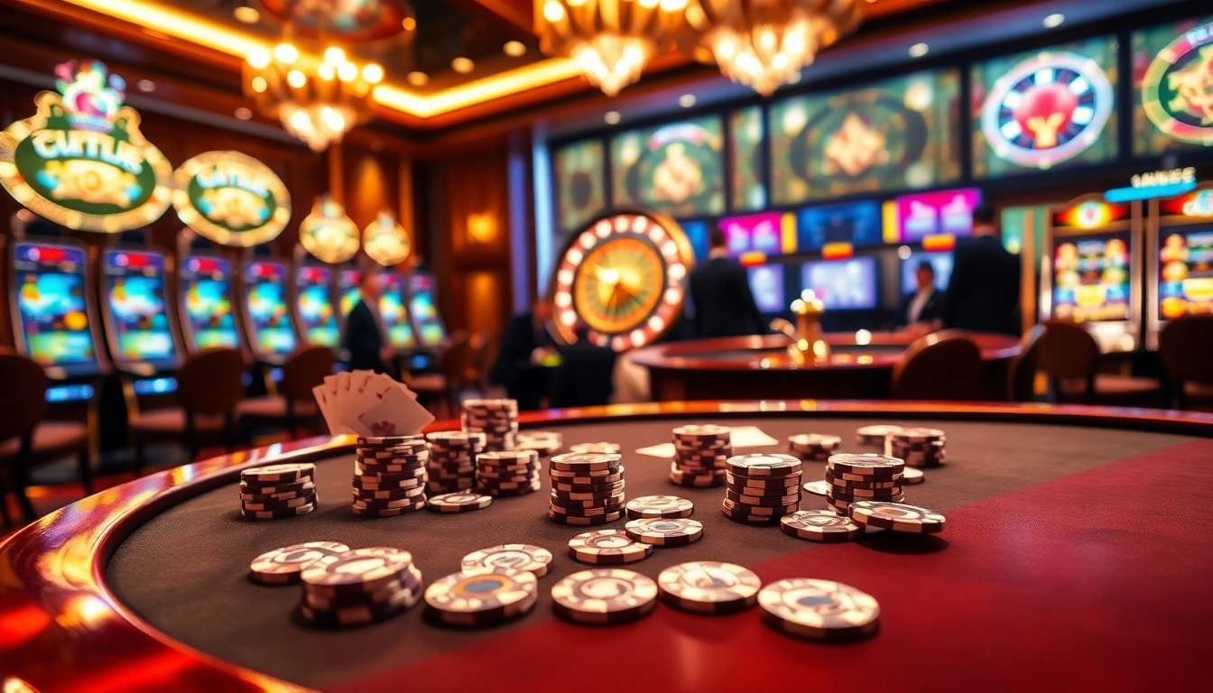Vibrant casino scene featuring poker chips and roulette wheel at https://f168.tools/ for gamblers.